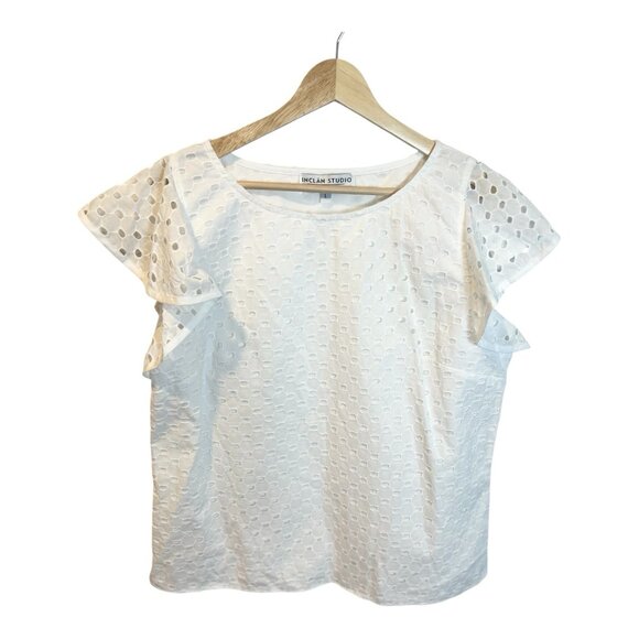 Inclan Studio White Eyelet Short Flutter Sleeve Top Large 100% Cotton Round Neck - Picture 2 of 7